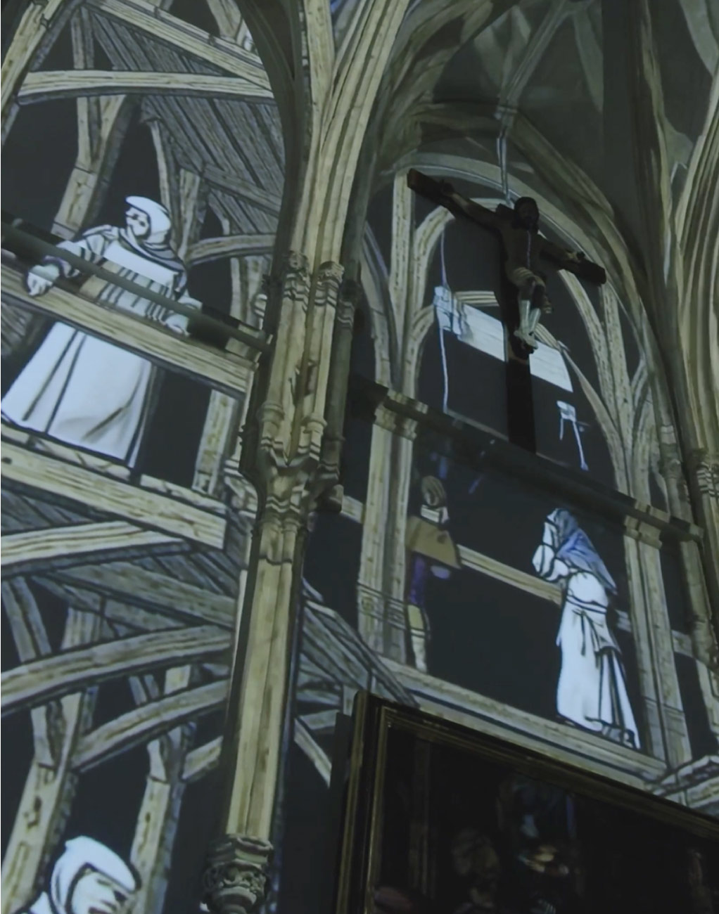 Detalle de la iluminación y videomapping en el Monasterio de la Cartuja durante SILENTIA